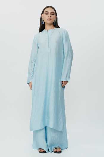 Shop_AK-OK_Blue Silk Mandarin Collar Long Kaftan And Pant Set _Online_at_Aza_Fashions