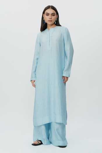 AK-OK_Blue Silk Mandarin Collar Long Kaftan And Pant Set _at_Aza_Fashions