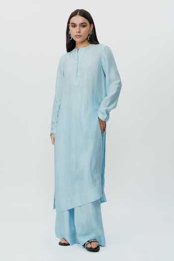 Buy_AK-OK_Blue Silk Mandarin Collar Long Kaftan And Pant Set 