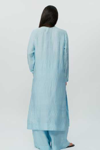 Shop_AK-OK_Blue Silk Mandarin Collar Long Kaftan And Pant Set _at_Aza_Fashions