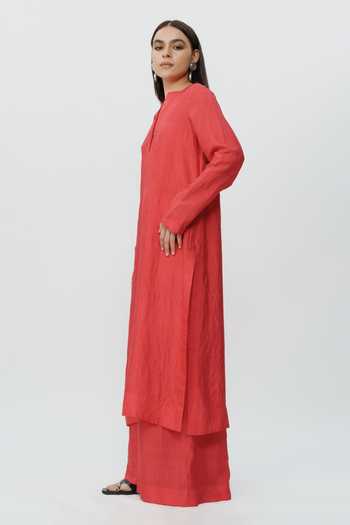 AK-OK_Red Silk Mandarin Collar Straight Long Kaftan And Pant Co-ord Set _Online_at_Aza_Fashions