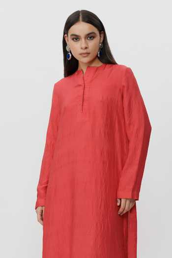 Buy_AK-OK_Red Silk Mandarin Collar Straight Long Kaftan And Pant Co-ord Set _Online_at_Aza_Fashions