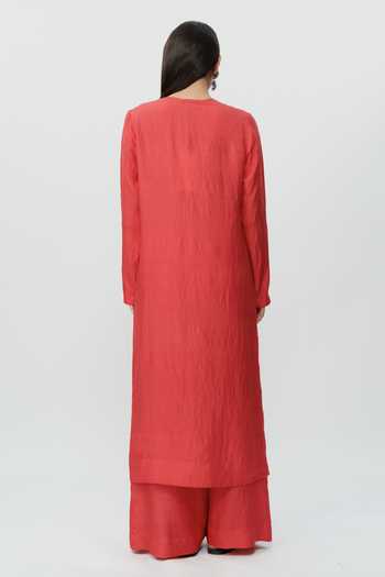 Shop_AK-OK_Red Silk Mandarin Collar Straight Long Kaftan And Pant Co-ord Set _at_Aza_Fashions