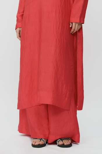 Shop_AK-OK_Red Silk Mandarin Collar Straight Long Kaftan And Pant Co-ord Set _Online_at_Aza_Fashions