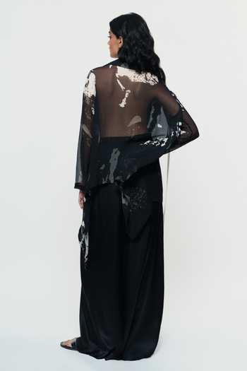Shop_AK-OK_Black Silk Plunge Neck Printed Sheer Chiffon Shirt And Trouser Set _at_Aza_Fashions