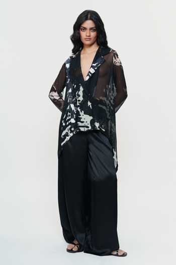 AK-OK_Black Silk Plunge Neck Printed Sheer Chiffon Shirt And Trouser Set _Online_at_Aza_Fashions