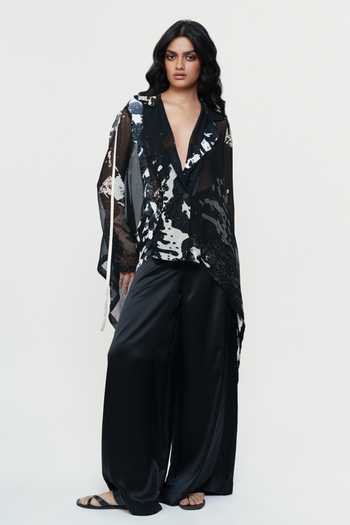 Buy_AK-OK_Black Silk Plunge Neck Printed Sheer Chiffon Shirt And Trouser Set _Online_at_Aza_Fashions