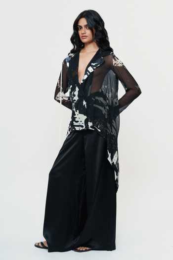 Shop_AK-OK_Black Silk Plunge Neck Printed Sheer Chiffon Shirt And Trouser Set _Online_at_Aza_Fashions