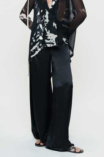 AK-OK_Black Silk Plunge Neck Printed Sheer Chiffon Shirt And Trouser Set _at_Aza_Fashions