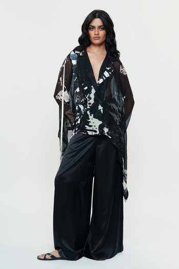 Buy_AK-OK_Black Silk Plunge Neck Printed Sheer Chiffon Shirt And Trouser Set 