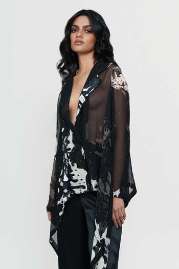 Shop_AK-OK_Black Silk Plunge Neck Printed Sheer Chiffon Shirt And Trouser Set 