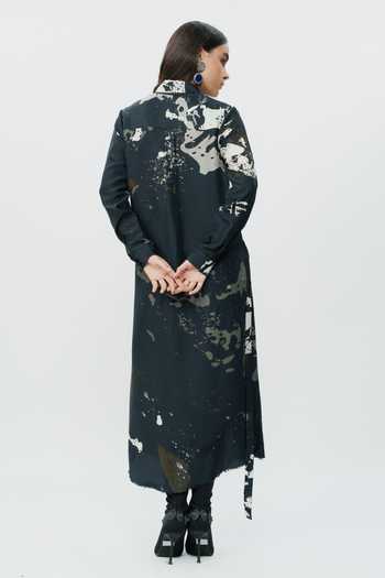 Shop_AK-OK_Black Silk Collared Neck Abstract Print Shirt Dress _at_Aza_Fashions