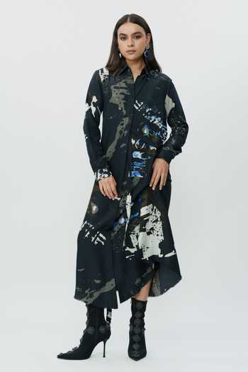 Buy_AK-OK_Black Silk Collared Neck Abstract Print Shirt Dress _at_Aza_Fashions