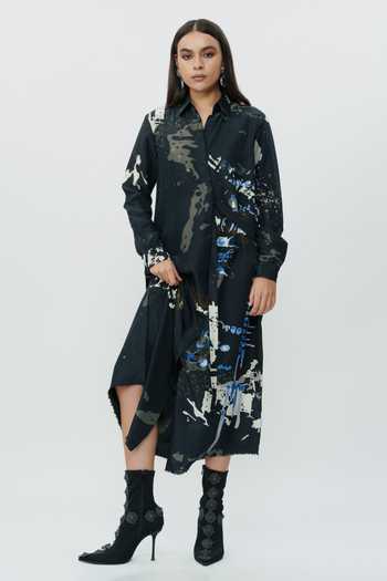 AK-OK_Black Silk Collared Neck Abstract Print Shirt Dress _Online_at_Aza_Fashions