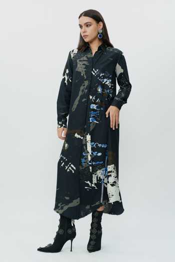 Shop_AK-OK_Black Silk Collared Neck Abstract Print Shirt Dress _Online_at_Aza_Fashions