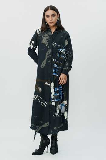 AK-OK_Black Silk Collared Neck Abstract Print Shirt Dress _at_Aza_Fashions