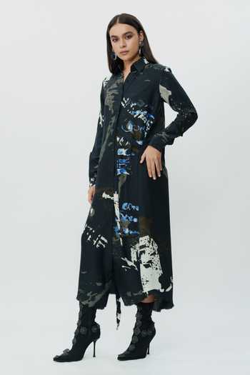 Buy_AK-OK_Black Silk Collared Neck Abstract Print Shirt Dress 