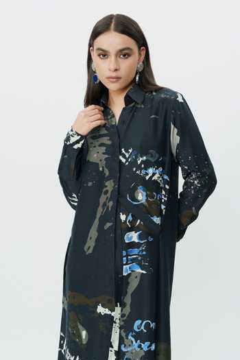 Shop_AK-OK_Black Silk Collared Neck Abstract Print Shirt Dress 