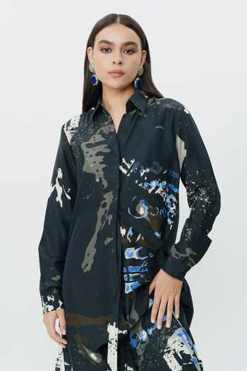 AK-OK_Black Silk Collared Neck Abstract Print Shirt Dress _Online