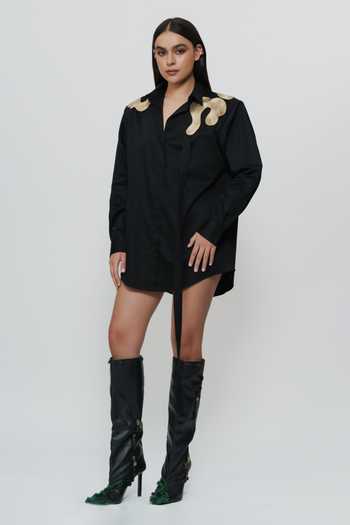Shop_AK-OK_Black Cotton Collared Neck Highlighted Shoulder Shirt _Online_at_Aza_Fashions