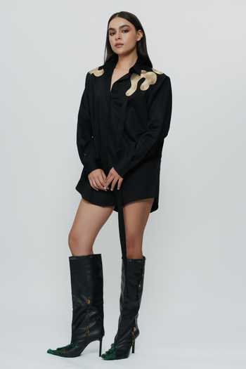 AK-OK_Black Cotton Collared Neck Highlighted Shoulder Shirt _at_Aza_Fashions