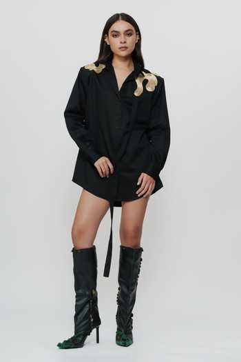 Buy_AK-OK_Black Cotton Collared Neck Highlighted Shoulder Shirt 