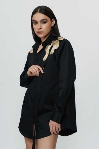 Shop_AK-OK_Black Cotton Collared Neck Highlighted Shoulder Shirt 