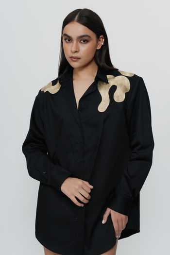 AK-OK_Black Cotton Collared Neck Highlighted Shoulder Shirt _Online