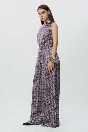 AK-OK_Blue Geometric Pattern One Shoulder Jumpsuit _Online_at_Aza_Fashions