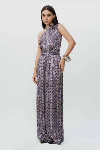 Buy_AK-OK_Blue Geometric Pattern One Shoulder Jumpsuit _Online_at_Aza_Fashions