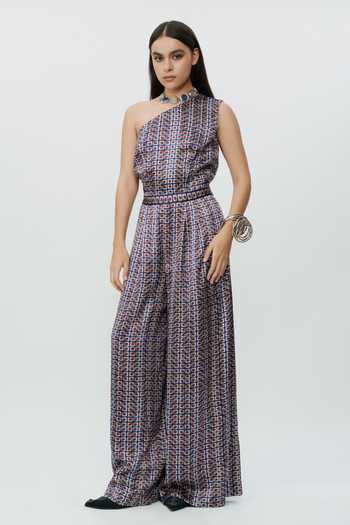 Shop_AK-OK_Blue Geometric Pattern One Shoulder Jumpsuit _Online_at_Aza_Fashions