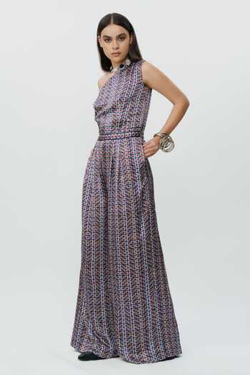 AK-OK_Blue Geometric Pattern One Shoulder Jumpsuit _at_Aza_Fashions