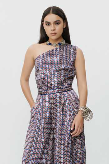 Buy_AK-OK_Blue Geometric Pattern One Shoulder Jumpsuit 