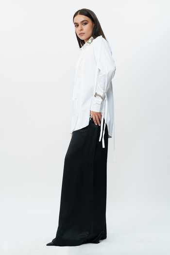 AK-OK_White Cotton Collared Neck Hand Embroidered Cuff And Shirt _Online_at_Aza_Fashions