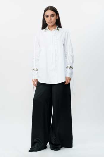 Buy_AK-OK_White Cotton Collared Neck Hand Embroidered Cuff And Shirt _Online_at_Aza_Fashions