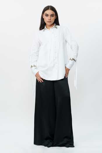 Shop_AK-OK_White Cotton Collared Neck Hand Embroidered Cuff And Shirt _Online_at_Aza_Fashions