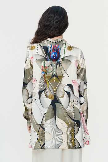 Shop_AK-OK_Multi Color Silk Collared Neck Astral Print Shirt _at_Aza_Fashions