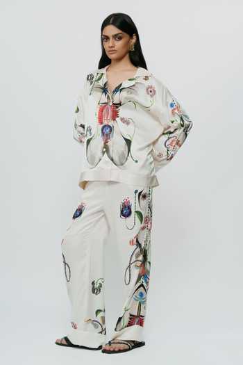 Buy_AK-OK_Multi Color Silk V-neck Astral Print Shirt And Pant Co-ord Set _at_Aza_Fashions