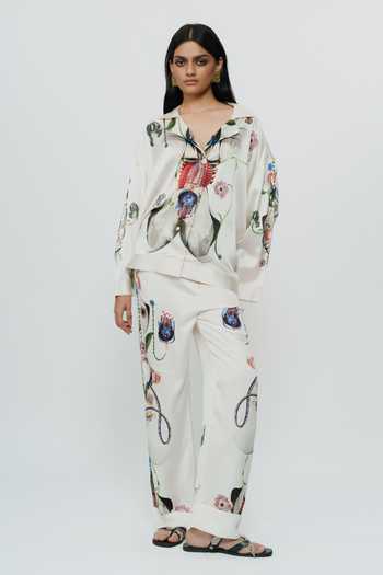 AK-OK_Multi Color Silk V-neck Astral Print Shirt And Pant Co-ord Set _Online_at_Aza_Fashions