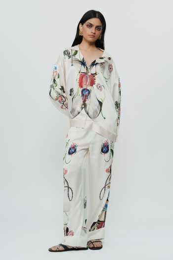 Shop_AK-OK_Multi Color Silk V-neck Astral Print Shirt And Pant Co-ord Set _Online_at_Aza_Fashions
