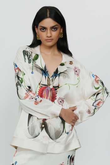 Shop_AK-OK_Multi Color Silk V-neck Astral Print Shirt And Pant Co-ord Set 