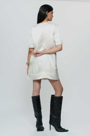 Shop_AK-OK_Off White Silk Round Neck Astral Print Short Dress _at_Aza_Fashions