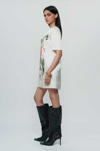 AK-OK_Off White Silk Round Neck Astral Print Short Dress _Online_at_Aza_Fashions