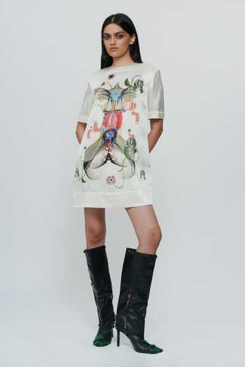 Buy_AK-OK_Off White Silk Round Neck Astral Print Short Dress _Online_at_Aza_Fashions