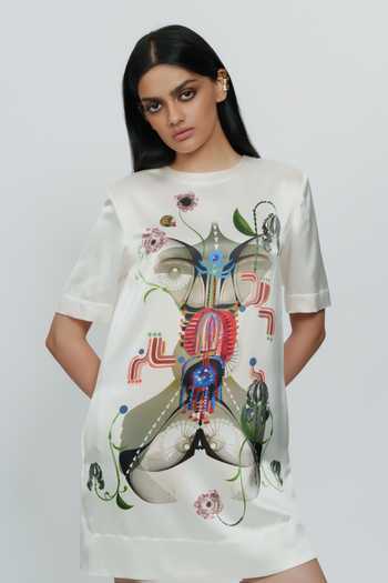 Shop_AK-OK_Off White Silk Round Neck Astral Print Short Dress _Online_at_Aza_Fashions