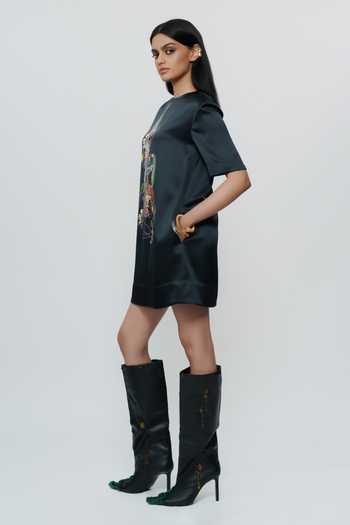 AK-OK_Black Silk Round Neck Abstract Print Short Dress _Online_at_Aza_Fashions