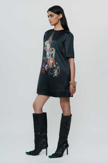 Buy_AK-OK_Black Silk Round Neck Abstract Print Short Dress _Online_at_Aza_Fashions