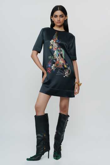 Shop_AK-OK_Black Silk Round Neck Abstract Print Short Dress _Online_at_Aza_Fashions
