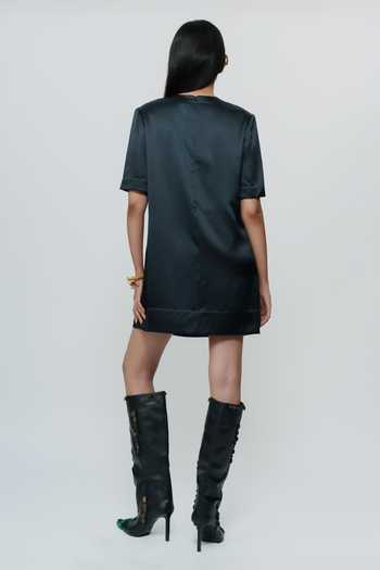 Shop_AK-OK_Black Silk Round Neck Abstract Print Short Dress _at_Aza_Fashions
