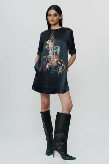 AK-OK_Black Silk Round Neck Abstract Print Short Dress _at_Aza_Fashions